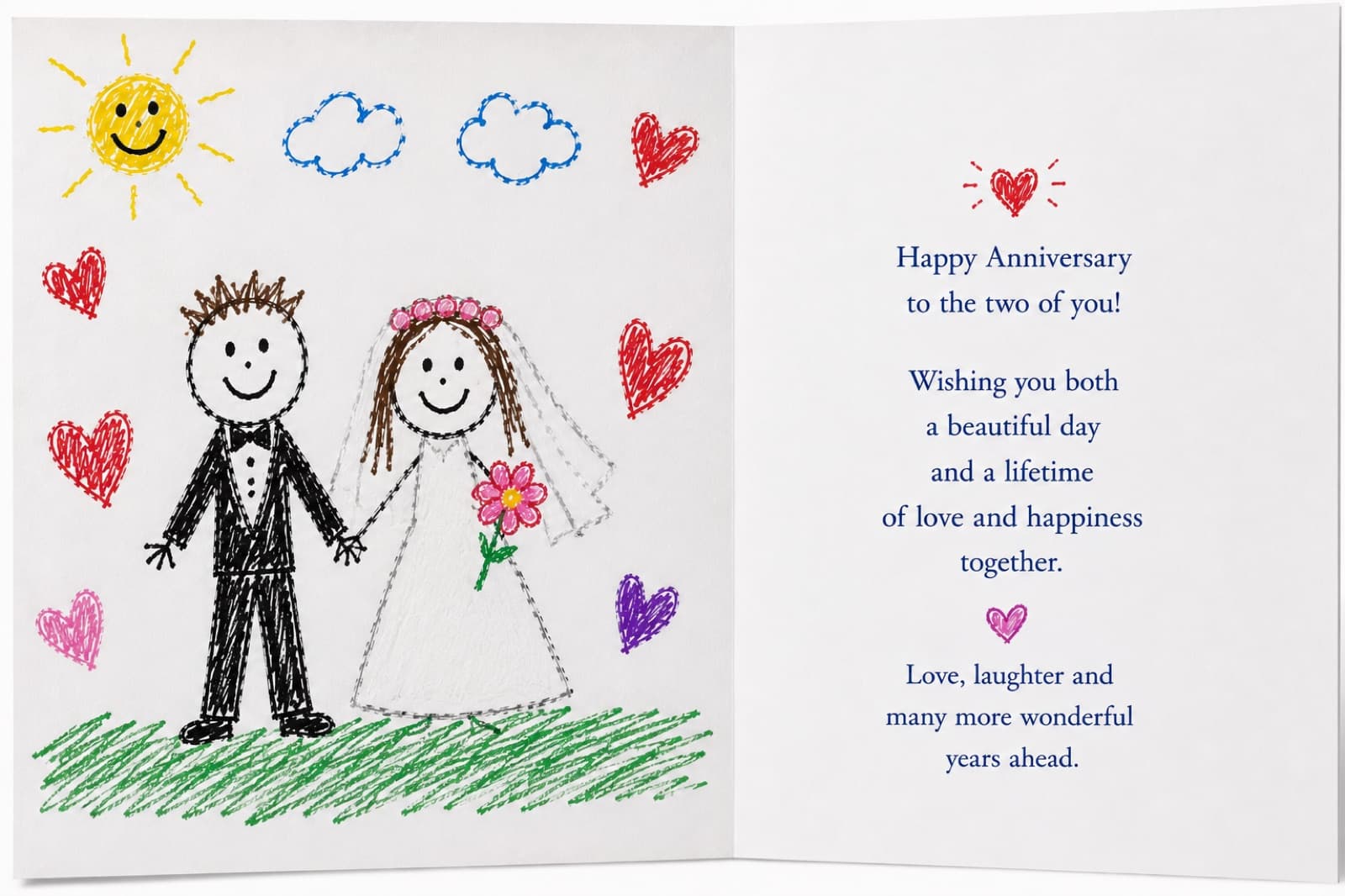 Open greeting card: crayon bride and groom under a sun and clouds, a printed message inside