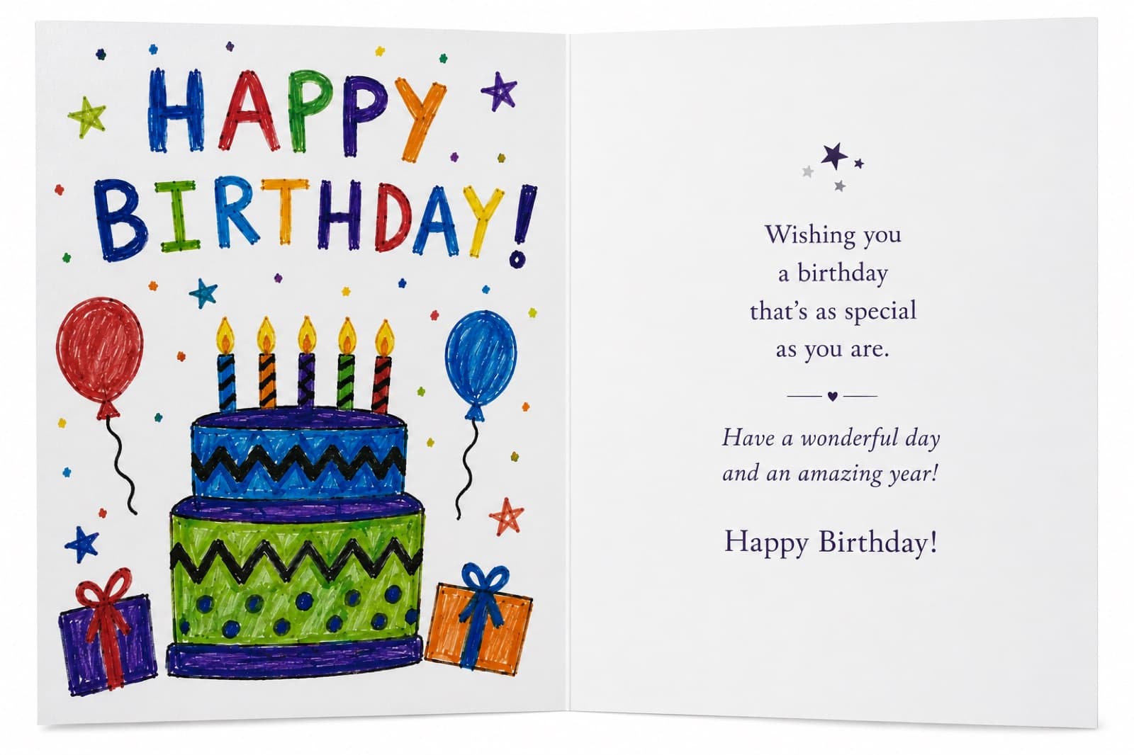 Open greeting card: crayon “Happy Birthday” with a cake, balloons and gifts on the front, a printed message inside