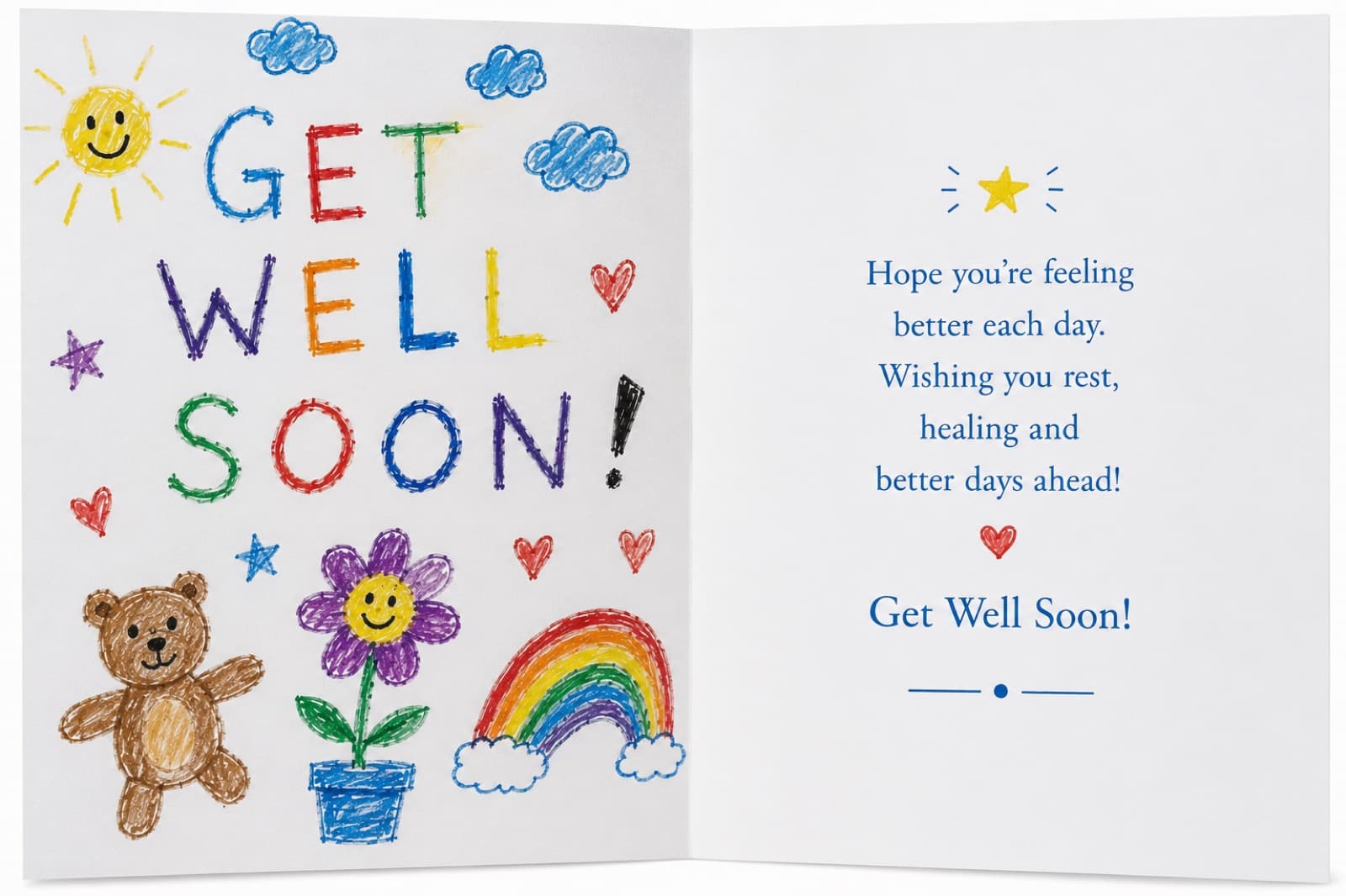 Open greeting card: crayon “Get Well Soon” with a sun, a teddy bear, a flower and a rainbow, a printed message inside