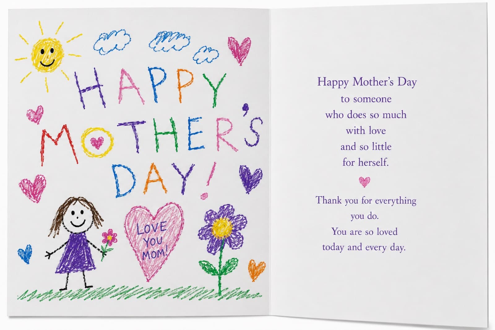Open greeting card: crayon “Happy Mother’s Day” with a girl holding a flower and a heart that says Love you Mom, a printed message inside